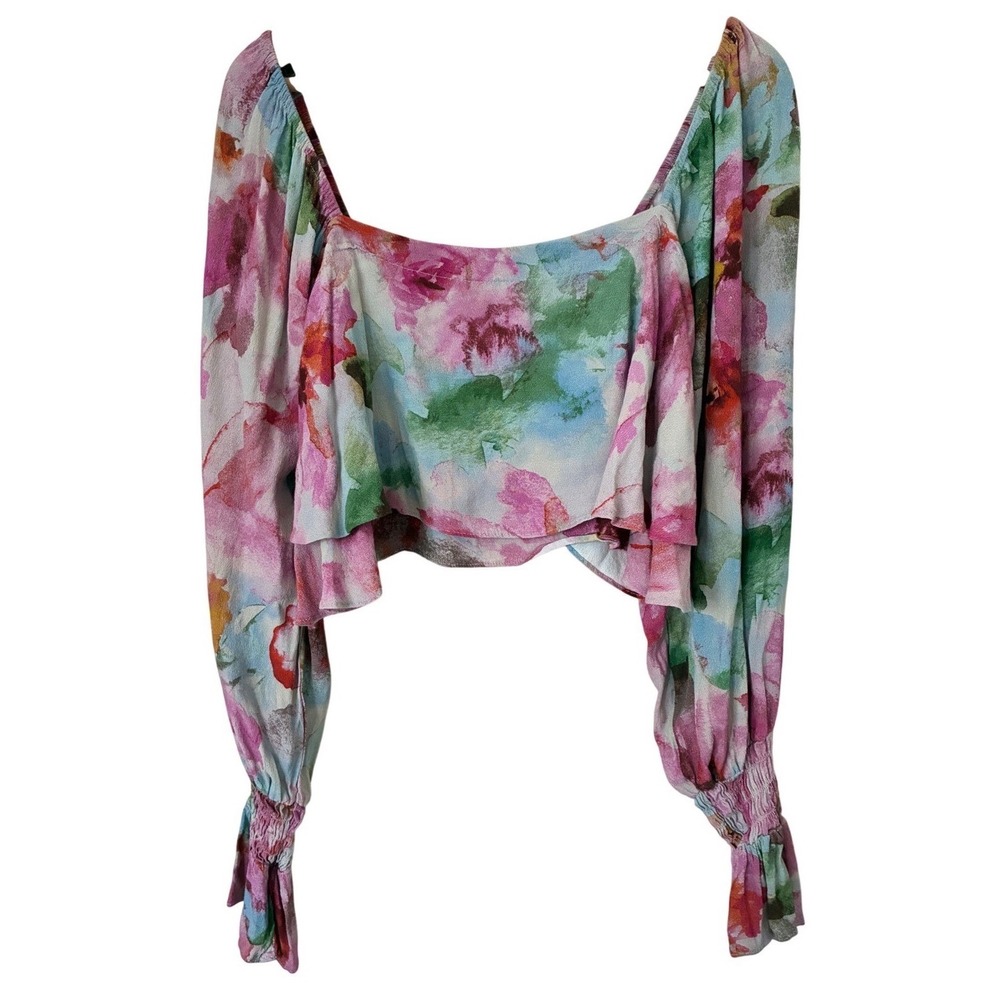Olivaceous Watercolor Floral Fairycore Crop Top Long Sleeve Smocked Cuffs L Boho